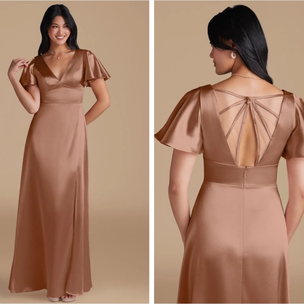 Azazie Bronzer Maxi Gown with Flutter Sleeves and V-Neck for Weddings